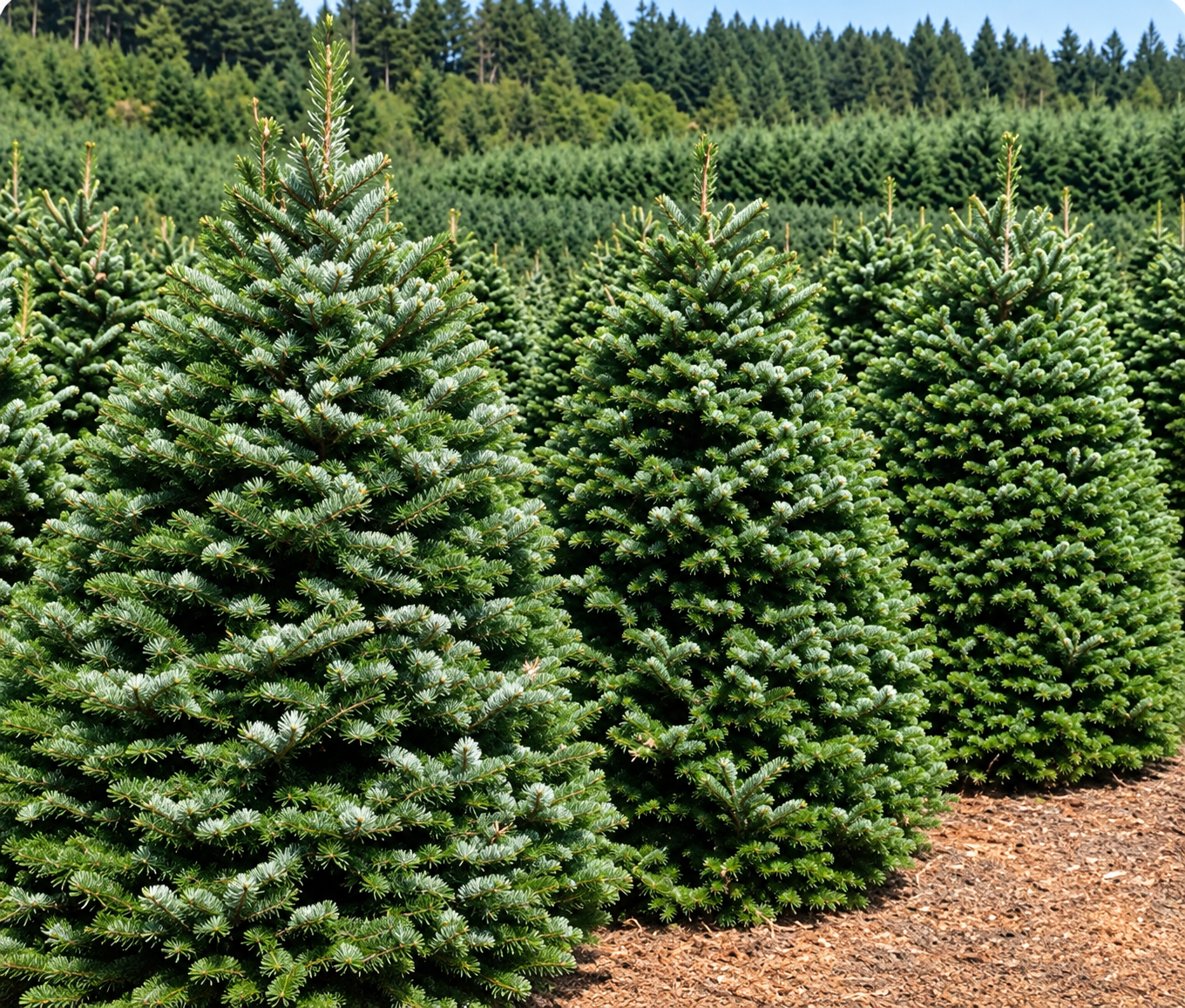 Rows of Nordmann Fir Christmas trees on an Oregon farm